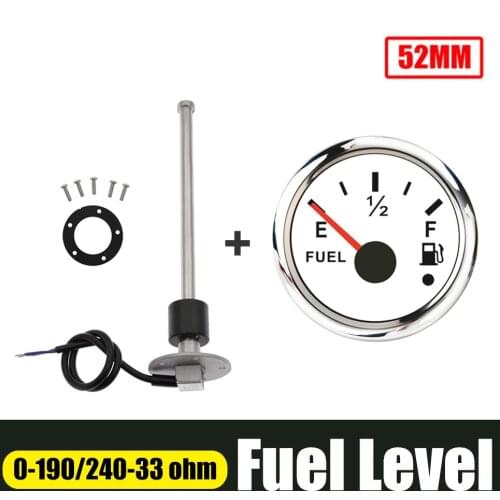 Waterproof 52mm Fuel Level Gauge With 150 200 300 350 450mm Sensor 0-190/240-33ohm Low Warning Light For Cat Boat Fuel Indicator