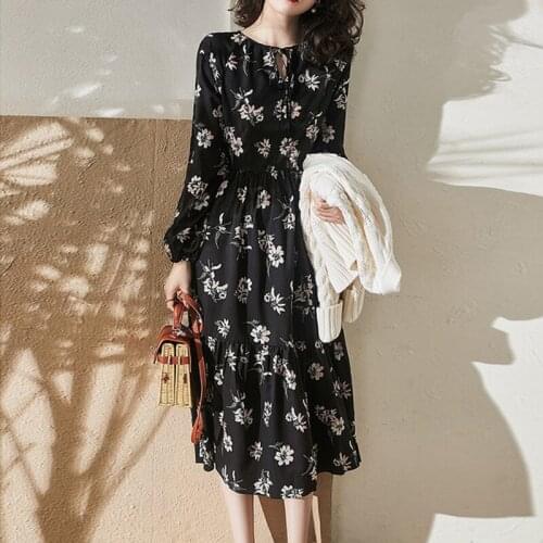 Women Elegant Floral Print Pleats Puff Sleeve Chiffon Midi Dress Female Long Sleeve Lace Up Casual Slim Ruffles Dresses Vestidos