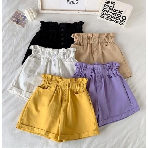 2021 Summer New Loose Elastic Crimped Womens Shorts Wide Leg High Waist Pocket Harajuku Korean Shorts
