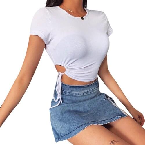 Women’s Top Summer Short Sleeve Solid Color Round Neck Crop Top C-Shaped Drawing Straps Slim Wild Fashion Top Shirt