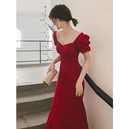 New wine midcalf sweat mermaid lady girl women princess bridesmaid banquet party ball prom dress gown free shipping
