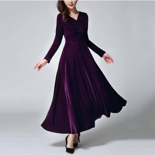 Autumn Winter Vintage Women Long Sleeve Gold Velvet Dress Large Swing Dress Elegant French Lady Long Dresses Vestidos Retro 98