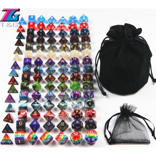 105 Colorful Dice with Black Bag ,T&G Rainbow 15 complete sets of D4 D6 D8 D10 D10% D12 D20 for RPG DND Board Game