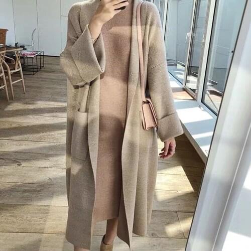 2019 Winter Lazy Style Knited Windbreaker for Women Fall Loose Long Trench Coat Oversize Open Stitch Trench