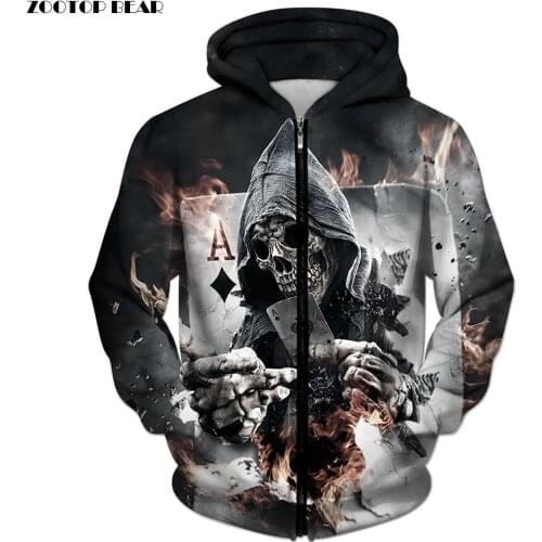 3D Zip Hoodies Skull Poker Hoodie Men Women Sweatshirt Brand Tracksuits Quality Plus Size Streetwear Drop Ship Hoody ZOOTOP BEAR