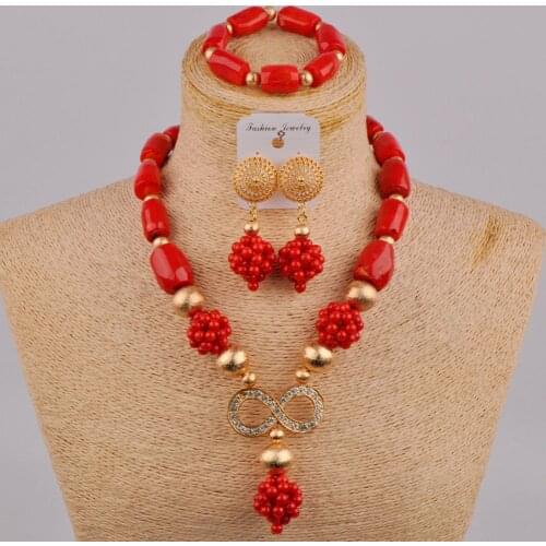 African Nigerian Wedding Bridal Jewelry Sets Orange/White/Red Coral Beads Jewelry Set 1CZQ2A