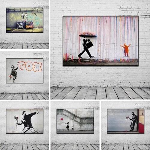 Banksy Art Walking In The Rain Street Graffiti Wall Art Canvas Paintings Posters And Prints On The Wall For Living Room Decor