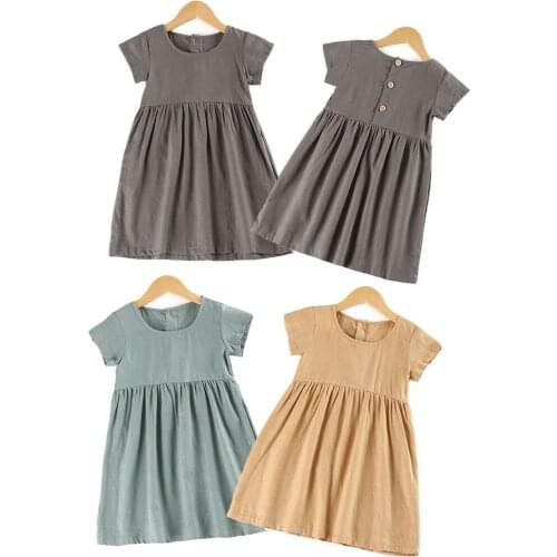 Kids Summer Pure Color Girls Cotton Linen Dress Fashion Short Sleeve Party Plain Dresses