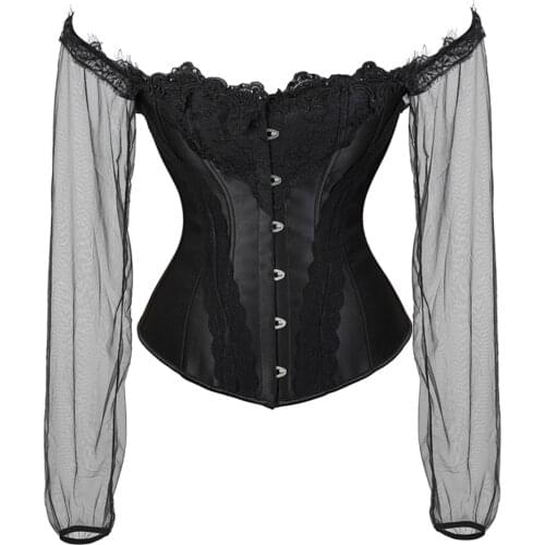 Gothic Embroidery Womens Sexy Corset Top Lace Up Corsets Slimming Waist Trainer Gorset Bodice Bustier Top Mesh Long Sleeve Black