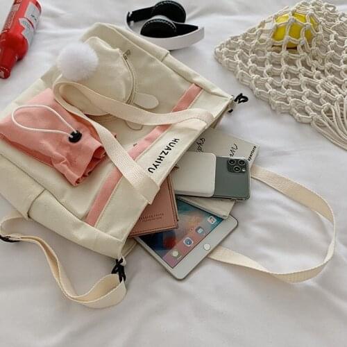 Multi-pocket canvas totes female cute messenger bag student shoulder bags large capacity shopping handbag