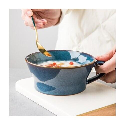 Ice Blue Ceramic Oatmeal Cup Creative Breakfast Cup Cereal Bowl Mug Retro Coffee Cup Large Caliber Cup