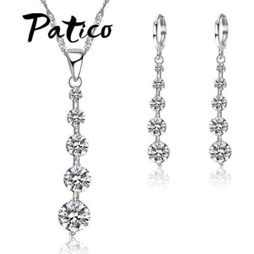 High Quality Cubic Zirconia Long Drop Jewelry Sets 925 Sterling Silver for Women Necklace Pendant Dangle Earrings