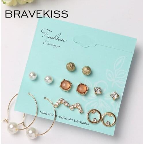 BRAVEKISS Small Pearl Round 7 Pairs Earring Set CZ Retro Stud Earrings Fashion Jewelry for Women accessories Gothic style PE1513