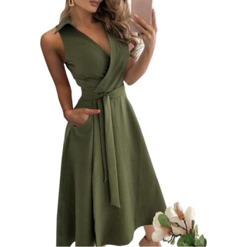 Summer Women Dress 2021 Vintage Long Dress Casual V-neck Solid Printed Sleeveless Party Dresses Female Beach Holiday Dress