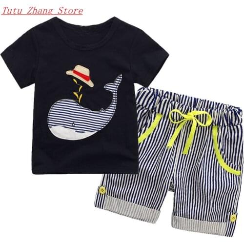 Summer childrens clothing baby boys cartoon striped short-sleeved t-shirt+short two-piece tracksuit jogging bebes girl set 1-8Y