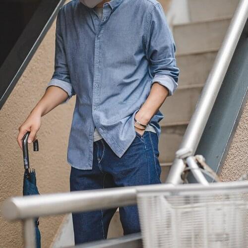 2020 New Mens Cotton Retro Oxford Shirt Vintage Solid Color Long-Sleeved Slim Shirt Men