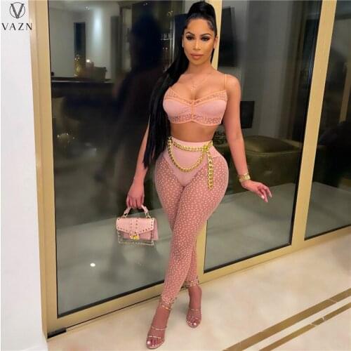VAZN 2021 New Bikini Set Sexy Club Open Young Joker See Through Lace Sleeveless Group Long Pants Skinny Women 2 Piece Set