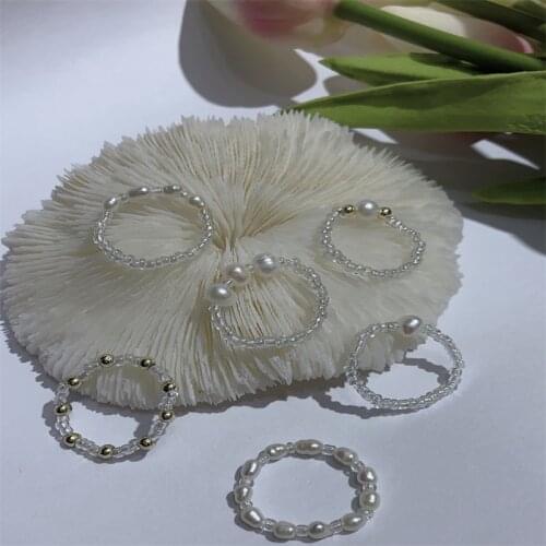 New Minimalist Multi Bead Simulated Pearl Geometric Rings Women Finger Jewelry Fashion Adjustable Elastic Ring