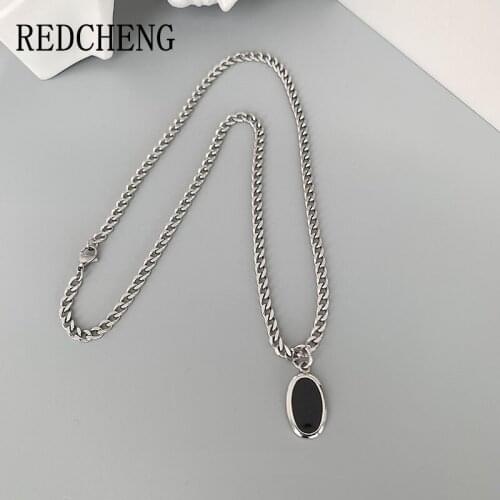 REDCHENG 925 Sterling Silver Chain Necklaces for Women Trendy Design Hiphop Rock Black Oval Geometric Party Fine Jewelry Gifts