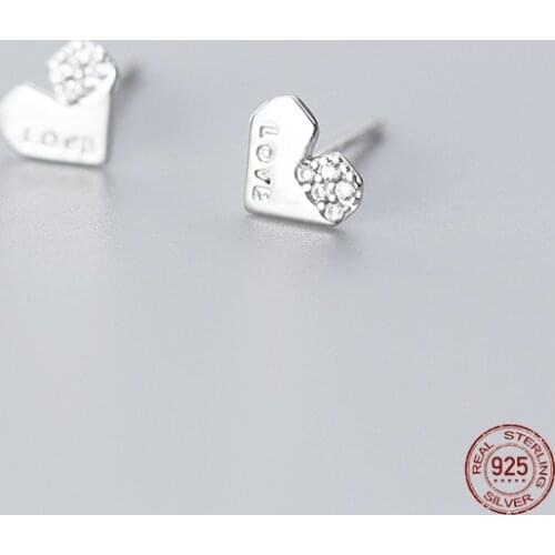 LKO 925 Sterling Silver Simple Letter Design LOVE Zircon Heart Stud Earrings For Women Girls Party Birthday Gift Jewelry