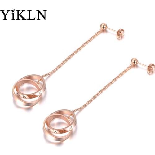 YiKLN Stainless Steel Roman Numerals Double Circles Tassel Earrings Jewelry Trendy Office Dangle Earrings For Women YE19090