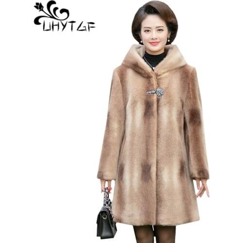UHYTGF Quality mink fur winter fur coat women hooded elegant loose 5XL plus size coats temperament casual Female fur jacket 685