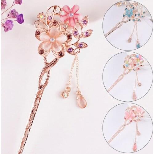 Cat Eye Stone Hair Pin Double Flower Rhinestone Hair Stick Hair Clip Classical Hairpin for Barrette Women Girls Hair Accessories