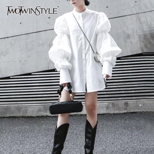 TWOTWINSTYLE Vintage Loose Womens Blouses O Neck Puff Long Sleeve Ruched Autumn Shirts For Female Fashion Clothing 2020 Tide