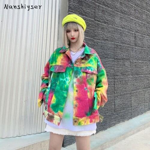 Autumn 2021 Women Fashion Tie-dye Denim Jacket Streetwear Loose Long Sleeve Harajuku Jeans Jacket Female Casual Washed Jean Coat