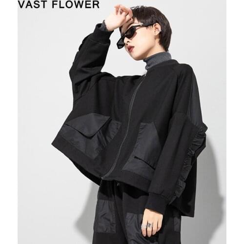 Ruffles Patchwork Pockets Zipper Jacket Women 2021 New Spring Black Vintage Long Sleeve Loose Causal Jacket Coat Fashion Clothes