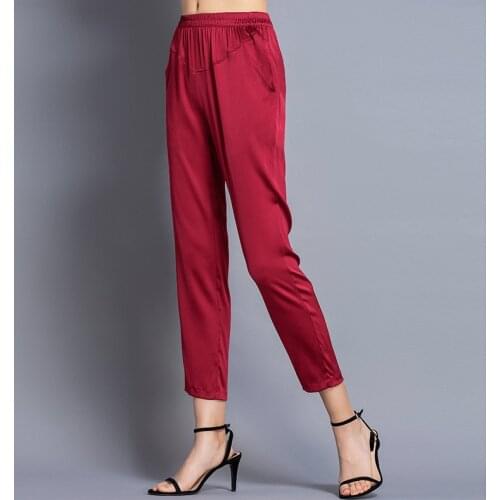 Korean high waist trousers women heavy silk pants mulberry silk pencil pants loose casual real silk ankle-length pants 190314