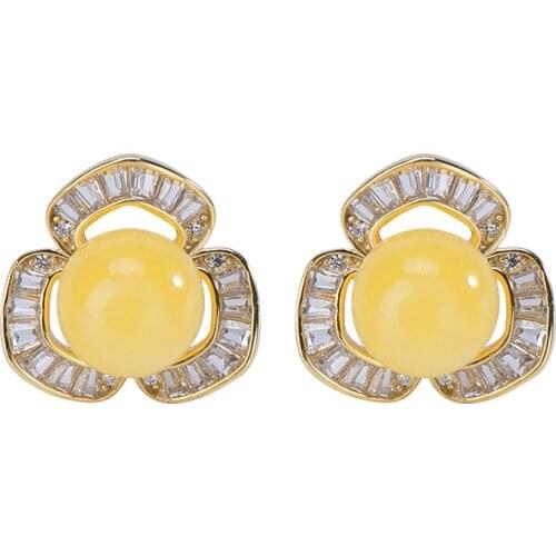 S925 sterling silver gold-plated natural amber stud earrings personalized plum blossom round beads womens earrings