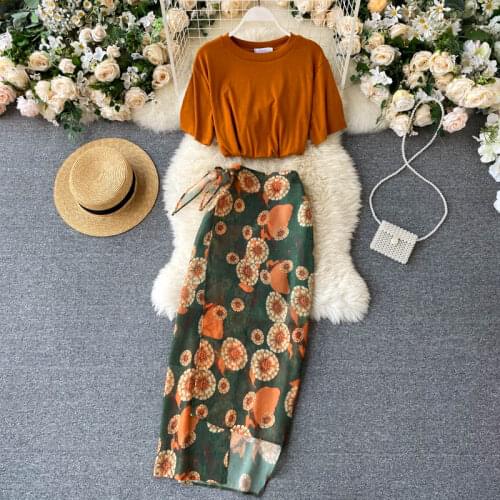 Womens Spring Summer Runway Fashion Short Top 2 Pcs dress Female Sexy Split Print Skirt Chic Slim Dress TB1745