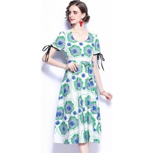 2021 Summer New Green Casual Long Dress Women V-Neck Lace-Up Bow Short Sleeve Blue Rose Printted Beach Holiday Dress Sashes