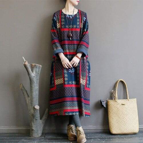 SCUWLINEN 2019 Winter Vintage Print Women Dresses Thicken Warm Fleece Double Layer Linen Cotton Dress Loose Robe P156