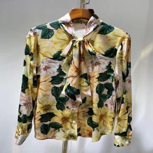 2021 High-end Runway Design 100% Silk Shirts Women Bow Collar Flowers Printing Elegant Lady Work Summer Shirt Blouse