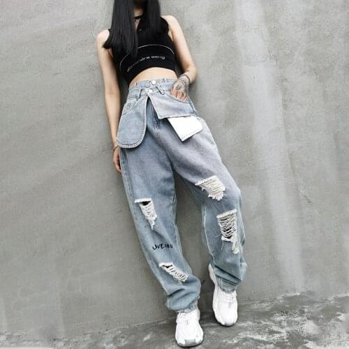2021 Mujer Fall New High Waist Jeans Women Hole Light Blue Straight Trousers Streetwear Wide-leg Pants Female Solid Denim Pants