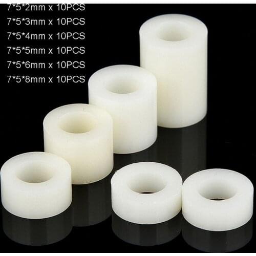 60Pcs M5 White Nylon Non-Threaded Spacer ABS Round Hollow Standoff Round Washer OD7mm PCB Board Screw Kit Length 2-8mm