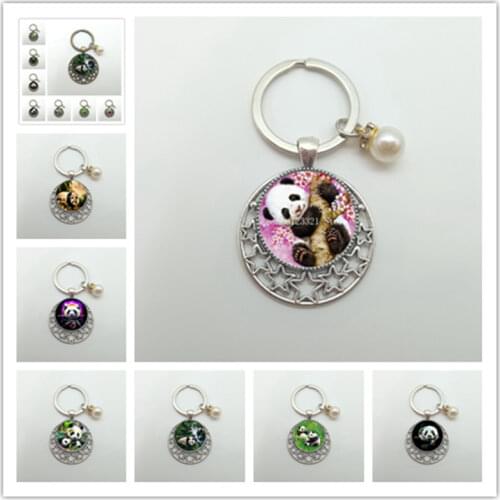 Cute Cartoon Panda Keychain Panda Alloy Accessories Keychain Glass Cabochon Pendant Keychain Same Style Men and Women