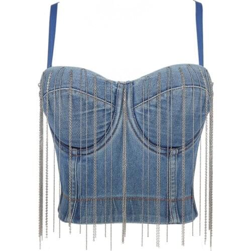 European Autumn New Temperament Chain Tassel Denim Sling Outer Wear Sexy Short Tube Tops Female Fashion Streetwear 2021