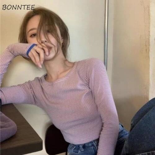 Long Sleeve T-shirts Women Striped Crop Tops Slim Leisure Chic Sexy Basic Korean Style Elegant O-Neck Retro High Quality Tshirt