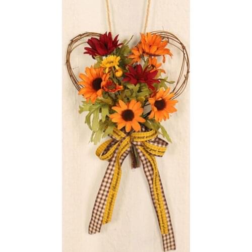 Artificial Hanging Wreath Sunflower Decoration Autumn Simulation Sunflower Heart Bow Wreath Wedding Festival Decor