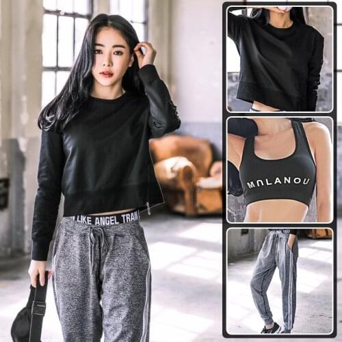 Korean sexy vest + long-sleeved T-shirt pullover + trousers outdoor running fitness suit dance costume 3-piece set for lady