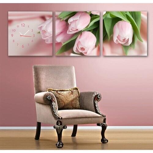 Beautiful Pink Roses Modern Decor Canvas Prints Set Of 3 With Wall Clock FRAMED