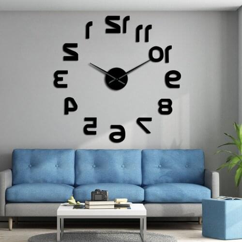 Backwards Reverse DIY Large Number Wall Clock Giant Wall Clock 3D Mirror Effect Wall Sticker DIY Huge Wall Watch Decor