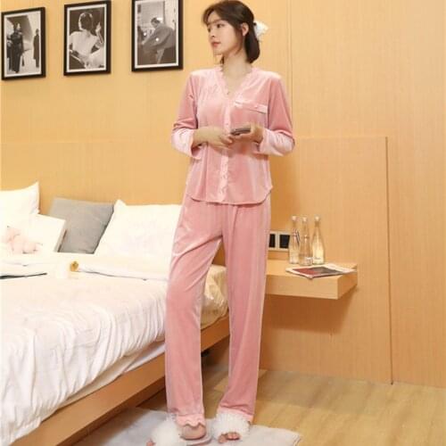 Autumn Winter Women Velour Pajamas Sets Velvet Pajamas Set Women Sexy Pyjama Long Sleeve Shirt Pants Button Sleepwear 2Pcs Sets