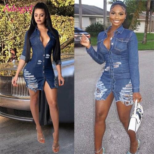 Adogirl Women Sexy Holes Jeans Dress Buttons Up Turn Down Collar Long Sleeve Denim Mini Night Club Party Dresses Autumn Outfits