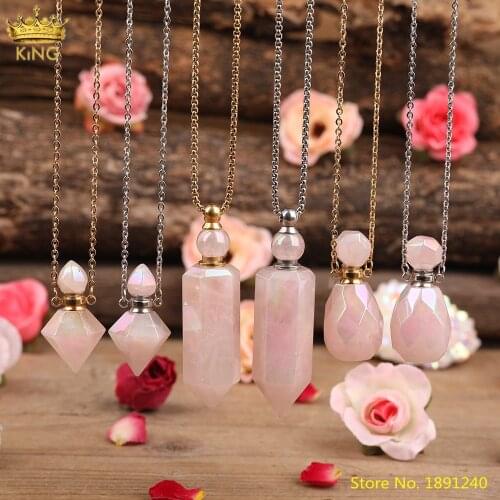 Titanium Bainbow Natural Pink Quartz Point Essential Oil Bottle Pendant Necklace Women Aura Roses Crystal Stone Diffuser Jewelry