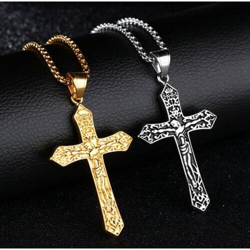Christian Orthodox Crucifix Jesus Necklace Russian Cross Prayer Big Pendant Color INRI Crucifix Cross Pendant Necklace Men