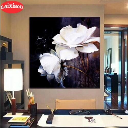 Diy round diamond embroidery white flower diamond painting full square cross stitch Vintage flower diamond mosaic home decor